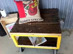 Aged Oregon & Yellow Metal Coffee Table