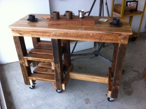 Workbench Style Breakfast Bar/Workstation with 2 Shelves & Castors