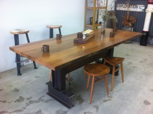 I-Beam Pedestal Base Dining Table with Darker Hardwood Top