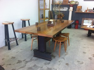 I-Beam Pedestal Base Dining Table with Darker Hardwood Top