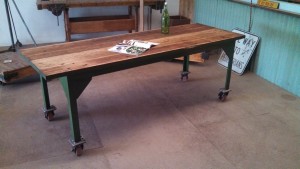 Reclaimed Green Industrial Dining Table with Castors