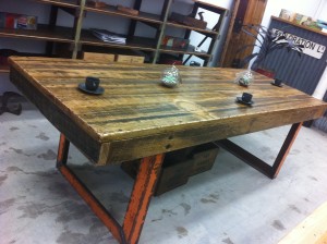 Workbench Style Communal Table with Recycled Hardwood Top & Recycled Metal