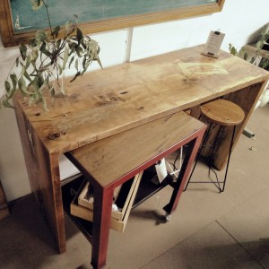 Le Chateau Aged Oregon Island Bench with the #4 Recycled Blackbutt Workstation/Butchers Block on Castors