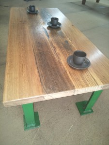 Coffee Table - Industrial Green Metal Frame with Mixed Hardwood Top