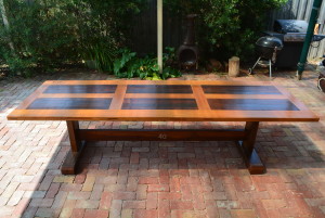 Bespoke Outdoor Pedestal Table with Recycled Hardwoods & Salvaged Chapel Door