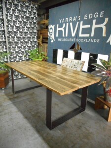 Grey Weathered & Distressed Hardwood Dining Table  with Flat Metal Box Ends