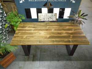 Grey Weathered & Distressed Hardwood Dining Table  with Flat Metal Box Ends - Top View